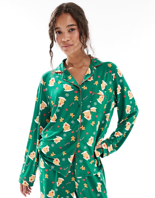 Loungeable Gingerbread Button Shirt And Long Pant Pyjama Set In Multi