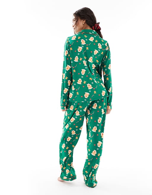 Loungeable Gingerbread Button Shirt And Long Pant Pyjama Set In Multi