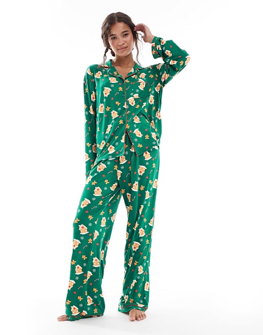 Loungeable gingerbread button shirt and long pant pyjama set in multi