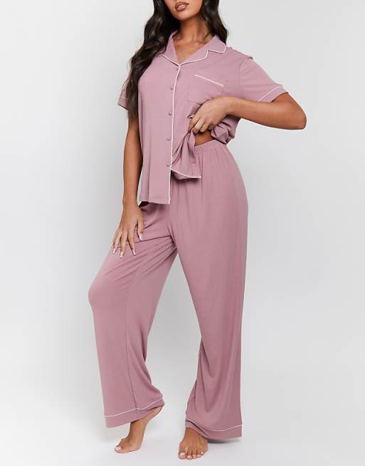 Loungeable Ladies Ribbed Pyjama Set In Pink