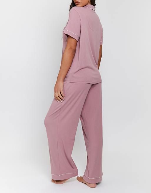 Loungeable Ladies Ribbed Pyjama Set In Pink