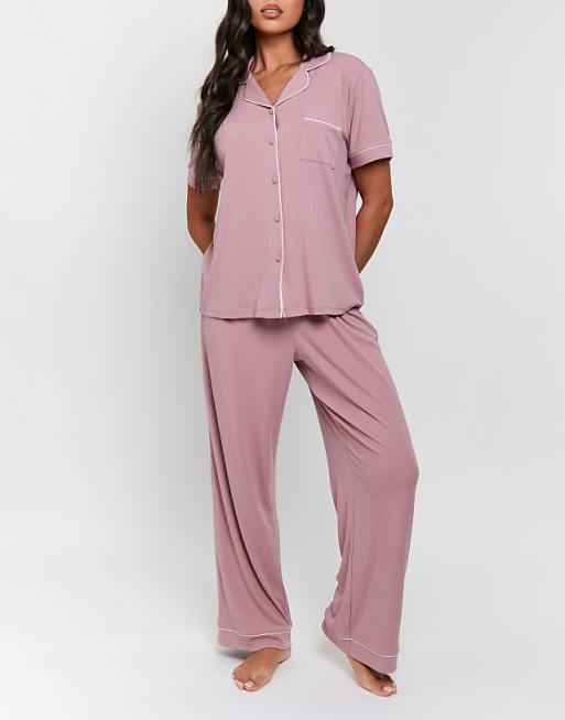 Loungeable Ladies ribbed pyjama set in pink