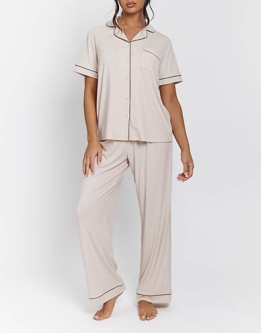 Loungeable Ladies ribbed pyjama set in vanilla
