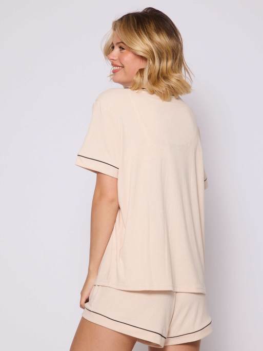 Loungeable Ladies Traditional Rib Short Pyjama Set In Vanilla