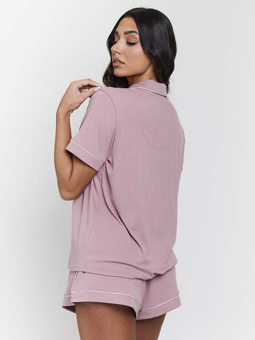 Loungeable Ladies Traditional Rib Short Sleeve Shirt And Shorts Pyjama Set Rib Short Sleeve Traditional Shirt And Shorts In Pink