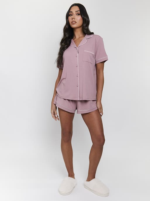 Loungeable Ladies Traditional Rib Short Sleeve Shirt And Shorts Pyjama Set Rib Short Sleeve Traditional Shirt And Shorts In Pink