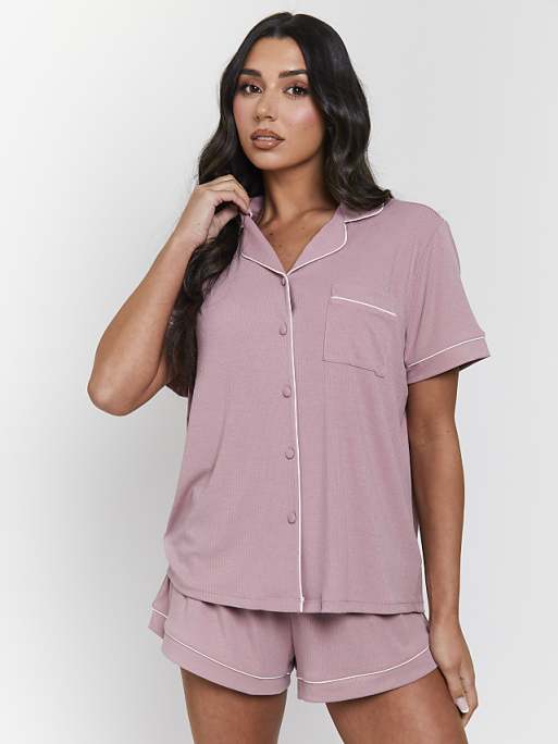Loungeable Ladies traditional rib short sleeve shirt and shorts pyjama set rib short sleeve traditional shirt and shorts in pink