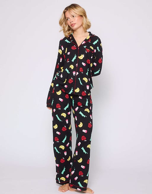 Loungeable Long Sleeved Button Down Traditional Pyjama Set In Black