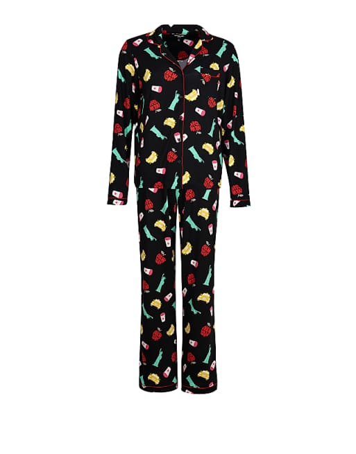 Loungeable Long Sleeved Button Down Traditional Pyjama Set In Black