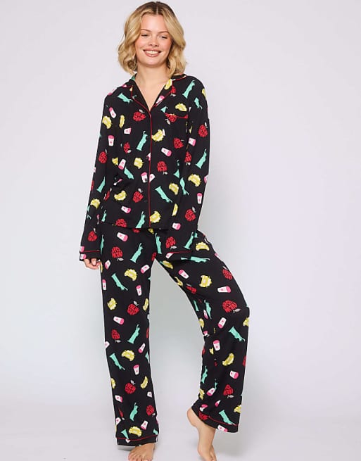 Loungeable long sleeved button down traditional pyjama set in black