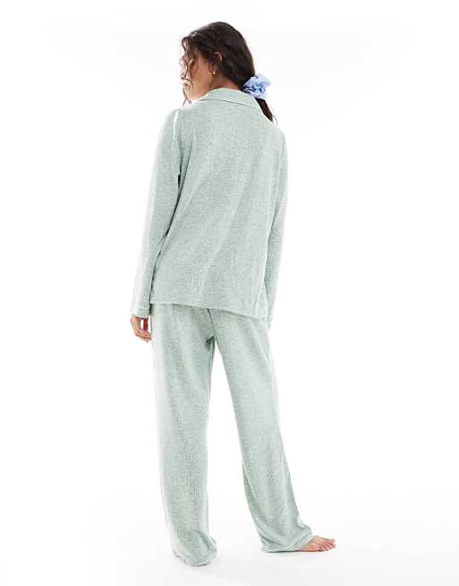 Loungeable Marl Brushed Knit Rib Traditional Pyjama Set In Green