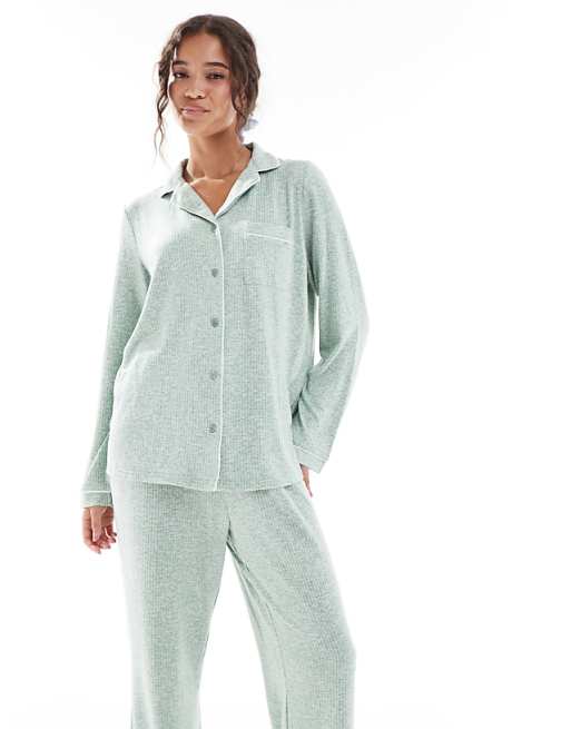 Loungeable Marl Brushed Knit Rib Traditional Pyjama Set In Green