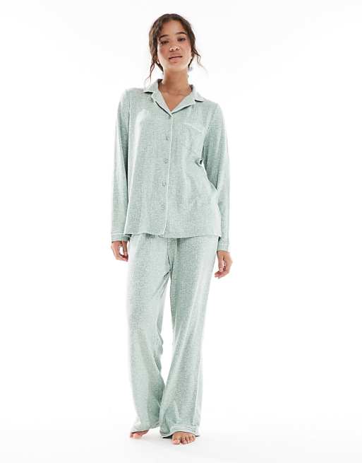 Loungeable marl brushed knit rib traditional pyjama set in green