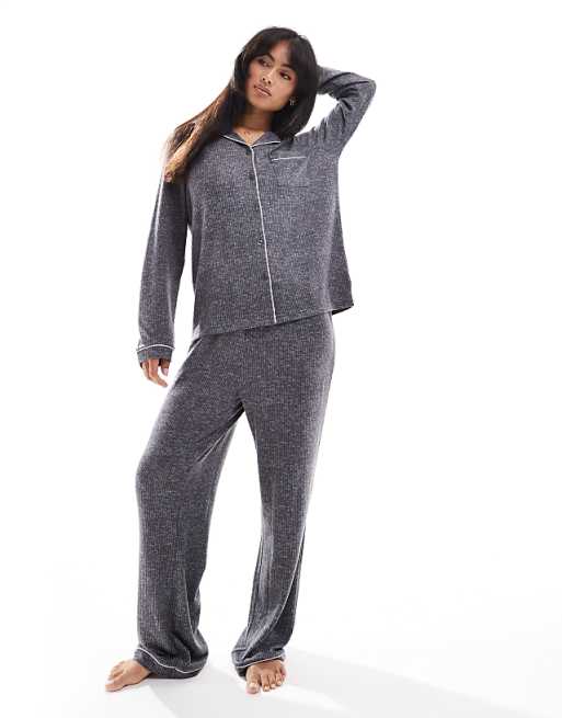 Loungeable Marl Brushed Rib Long Sleeve Buttoned Pyjamas In Charcoal