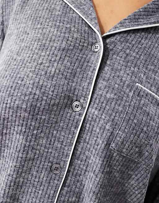 Loungeable Marl Brushed Rib Long Sleeve Buttoned Pyjamas In Charcoal
