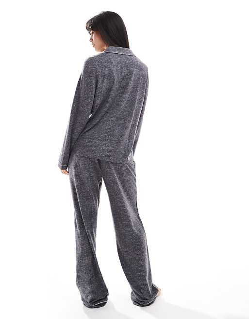 Loungeable Marl Brushed Rib Long Sleeve Buttoned Pyjamas In Charcoal