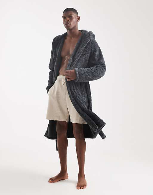 Loungeable Mens Sherpa Hooded Robe In Grey