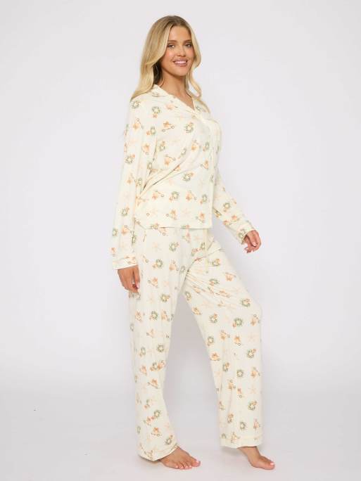 Loungeable Neutral Christmas Button Shirt And Long Pant Pyjamas Set In Cream