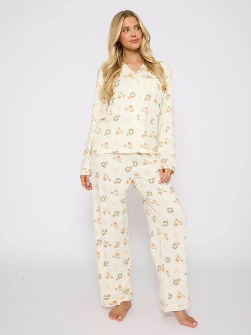 Loungeable neutral christmas button shirt and long pant pyjamas set in cream