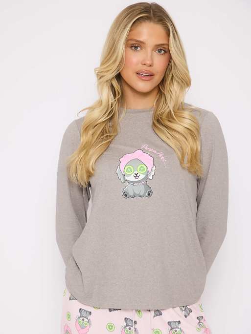 Loungeable Pamper Paws Long Sleeved Top And Trouser Set In Grey