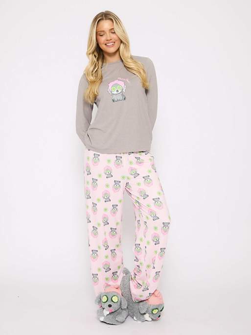 Loungeable pamper paws long sleeved top and trouser set in grey
