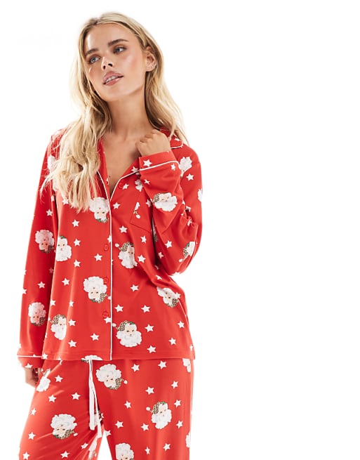 Loungeable Petite Christmas Super Soft Jersey Revere Top And Wide Leg Pyjama Set In Red Santa Print