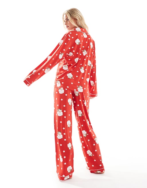 Loungeable Petite Christmas Super Soft Jersey Revere Top And Wide Leg Pyjama Set In Red Santa Print