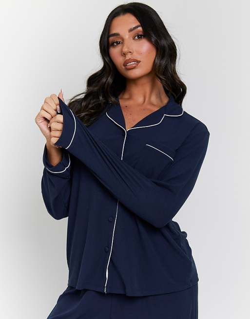 Loungeable Rib Long Sleeve Traditional Shirt And Long Pant In Navy