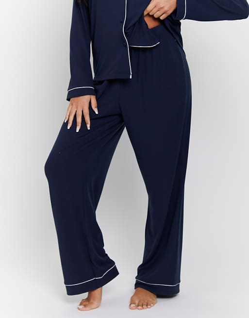 Loungeable Rib Long Sleeve Traditional Shirt And Long Pant In Navy