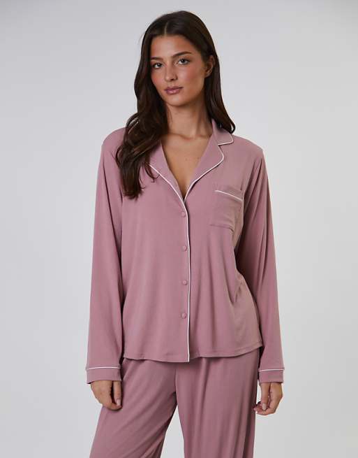 Loungeable Rib Long Sleeve Traditional Shirt And Long Pant In Pink