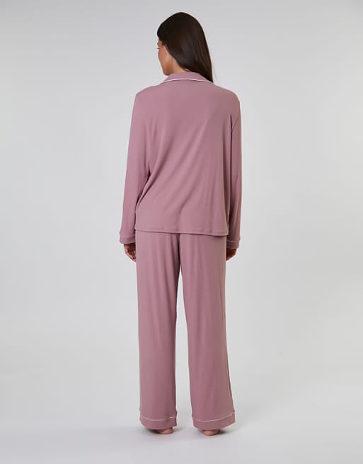 Loungeable Rib Long Sleeve Traditional Shirt And Long Pant In Pink