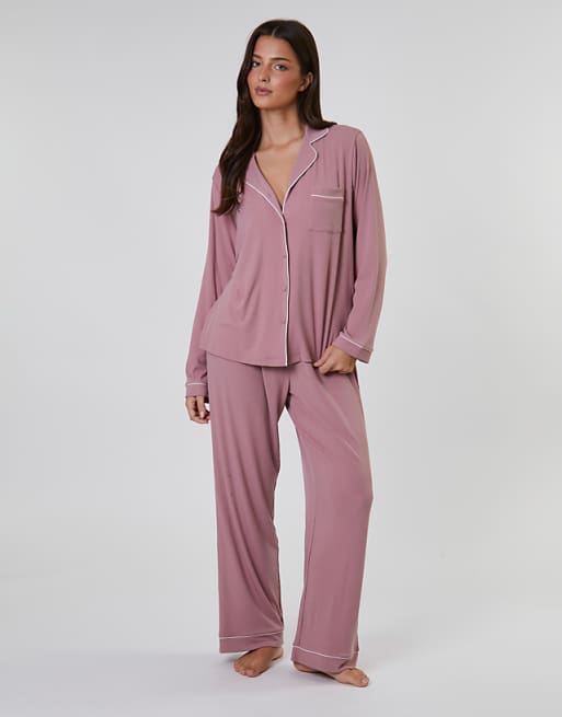 Loungeable rib long sleeve traditional shirt and long pant in pink