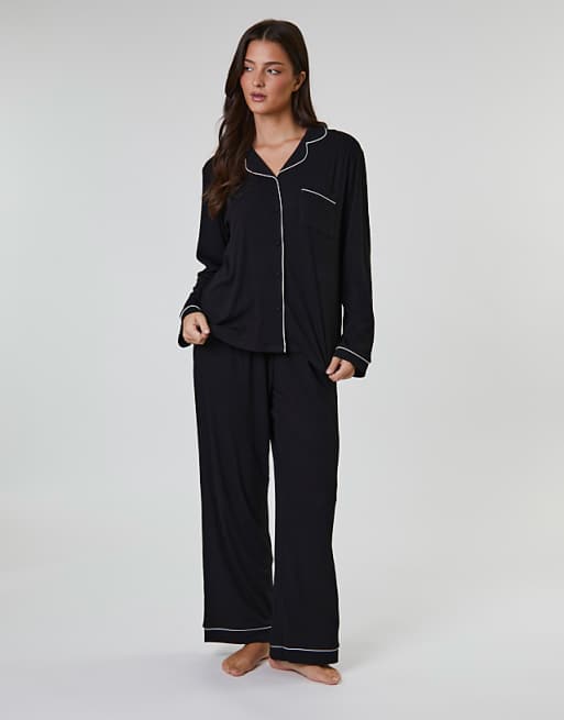 Loungeable Rib Long Sleeve Traditional Shirt And Long Pant In Black