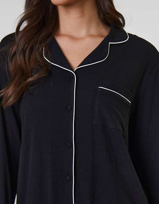 Loungeable Rib Long Sleeve Traditional Shirt And Long Pant In Black