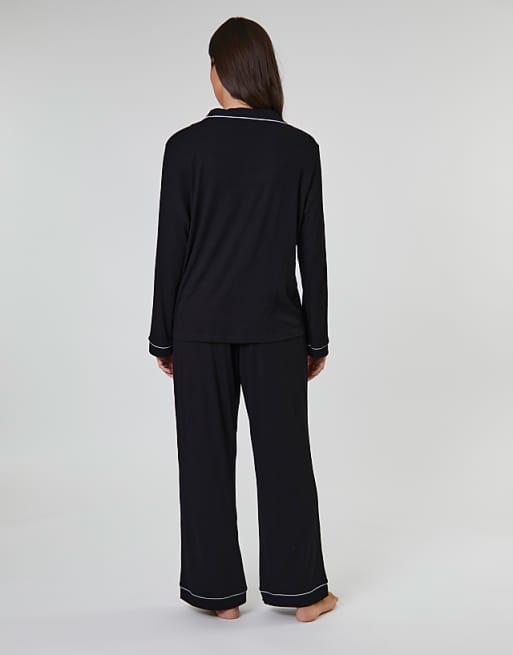 Loungeable Rib Long Sleeve Traditional Shirt And Long Pant In Black