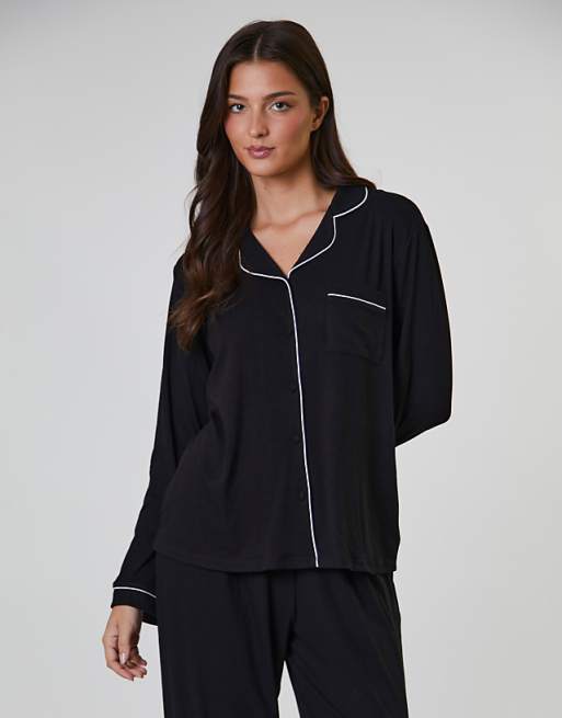 Loungeable rib long sleeve traditional shirt and long pant in black