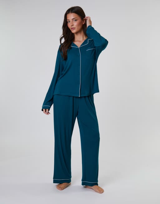 Loungeable Rib Long Sleeve Traditional Shirt And Long Pant In Green