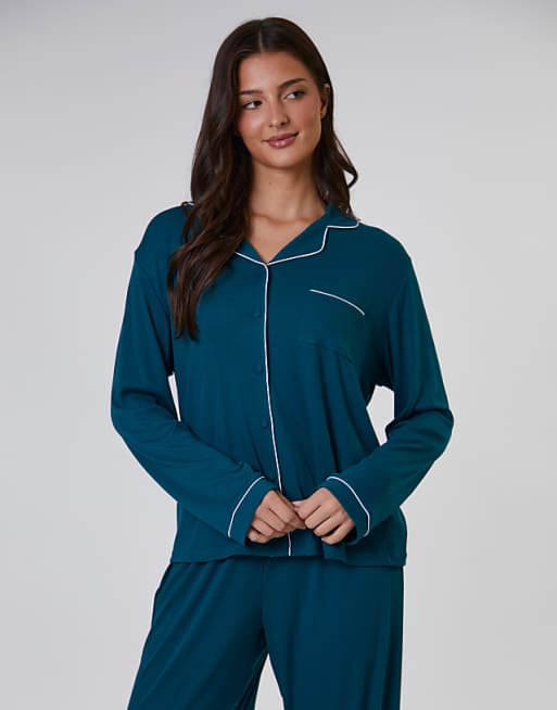Loungeable Rib long sleeve traditional shirt and long pant in green