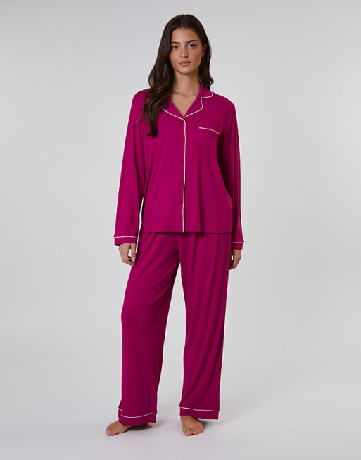 Loungeable Rib Long Sleeve Traditional Shirt And Long Pant In Dark Pink