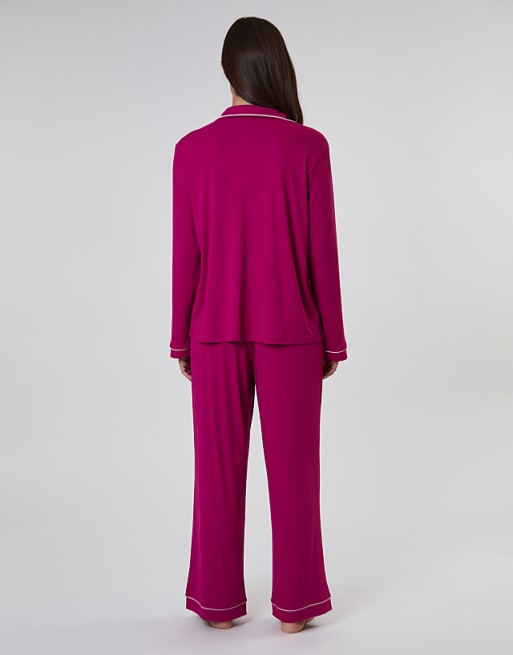 Loungeable Rib Long Sleeve Traditional Shirt And Long Pant In Dark Pink
