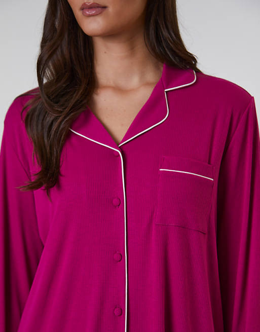 Loungeable Rib Long Sleeve Traditional Shirt And Long Pant In Dark Pink