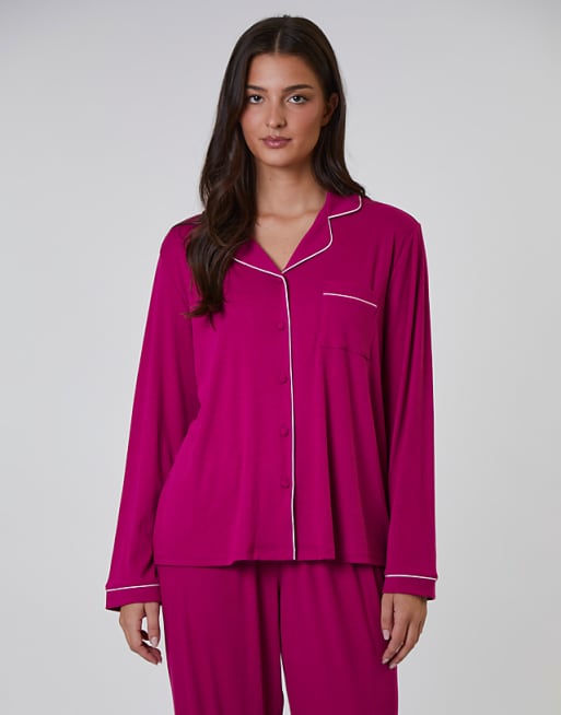 Loungeable rib long sleeve traditional shirt and long pant in dark pink