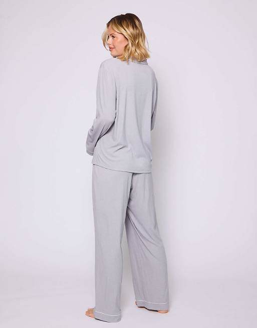 Loungeable Rib Long Sleeve Traditional Shirt And Long Pant In Silver