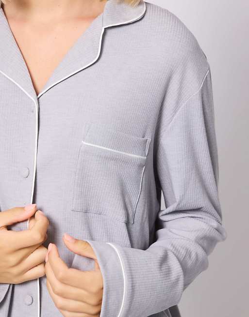 Loungeable Rib Long Sleeve Traditional Shirt And Long Pant In Silver