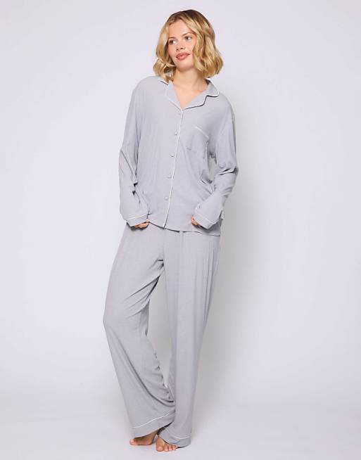 Loungeable rib long sleeve traditional shirt and long pant in silver
