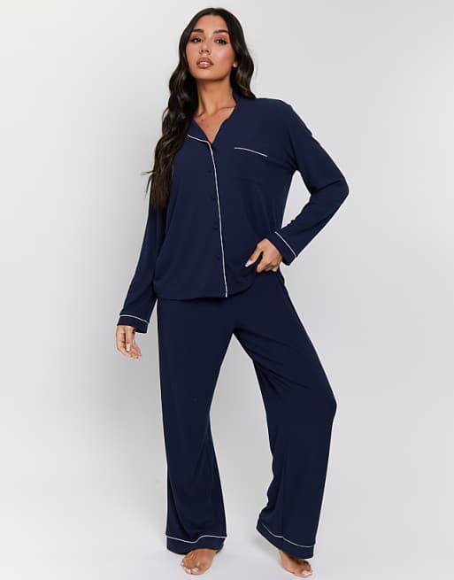 Loungeable rib long sleeve traditional shirt and long pant in navy
