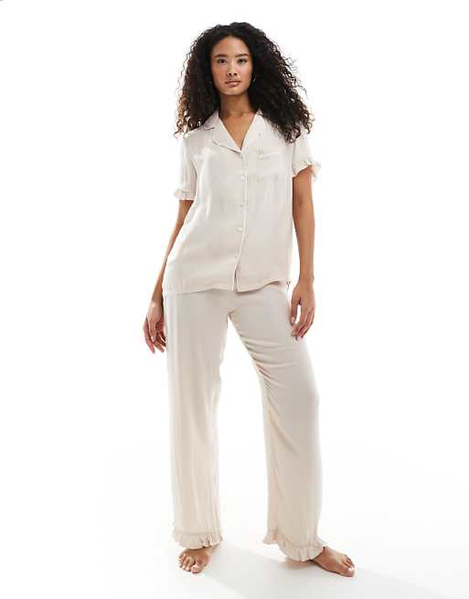 Loungeable Ruffle Short Sleeve Trouser Set In Taupe