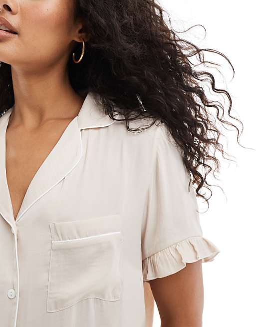 Loungeable Ruffle Short Sleeve Trouser Set In Taupe