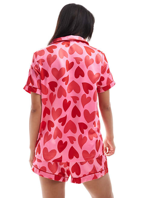 Loungeable Satin Revere Short Sleeve And Short Pyjama Set In Heart Print