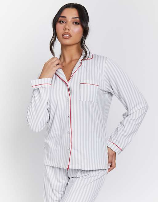 Loungeable Stripe Shirt And Long Pant Pyjamas Set In Grey
